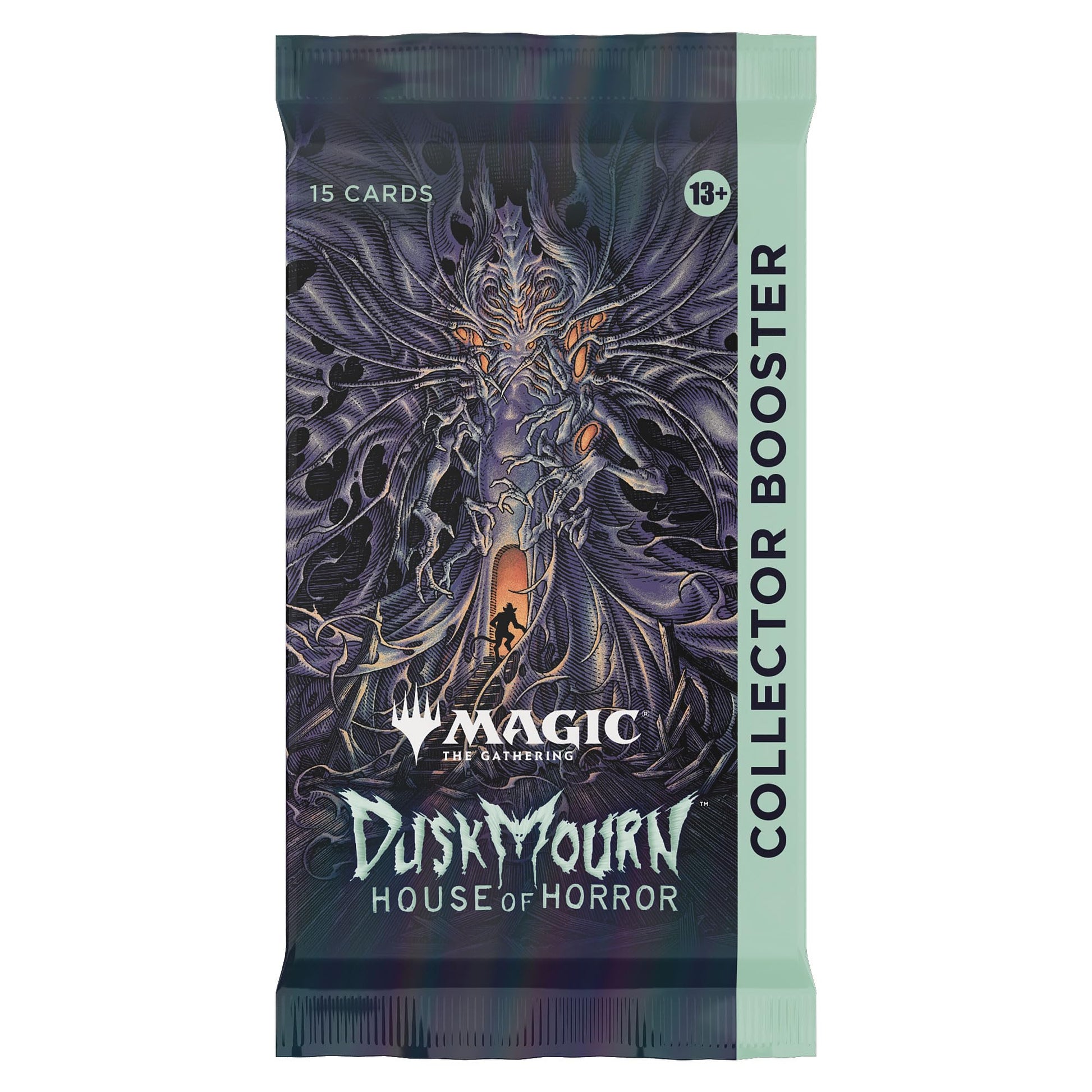 Magic: The Gathering - Duskmourn House of Horror Collector Booster Pack - The Gathering collector booster pack with dark, eerie artwork and muted green and purple tones.