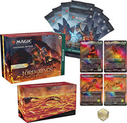 Magic: The Gathering - Lord of the Rings: Tales of Middle-Earth Bundle - The Gathering Lord of the Rings Tales of Middle-Earth Bundle with booster packs, themed deck box, four cards, and a gold D20 .