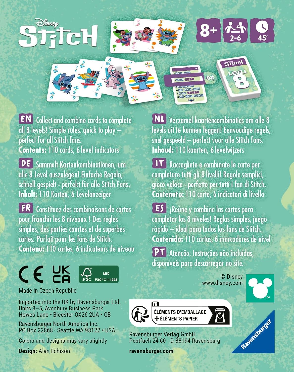Level 8: Stitch Edition - Card game box back with colorful Stitch character illustrations and multilingual game instructions on a purple background.