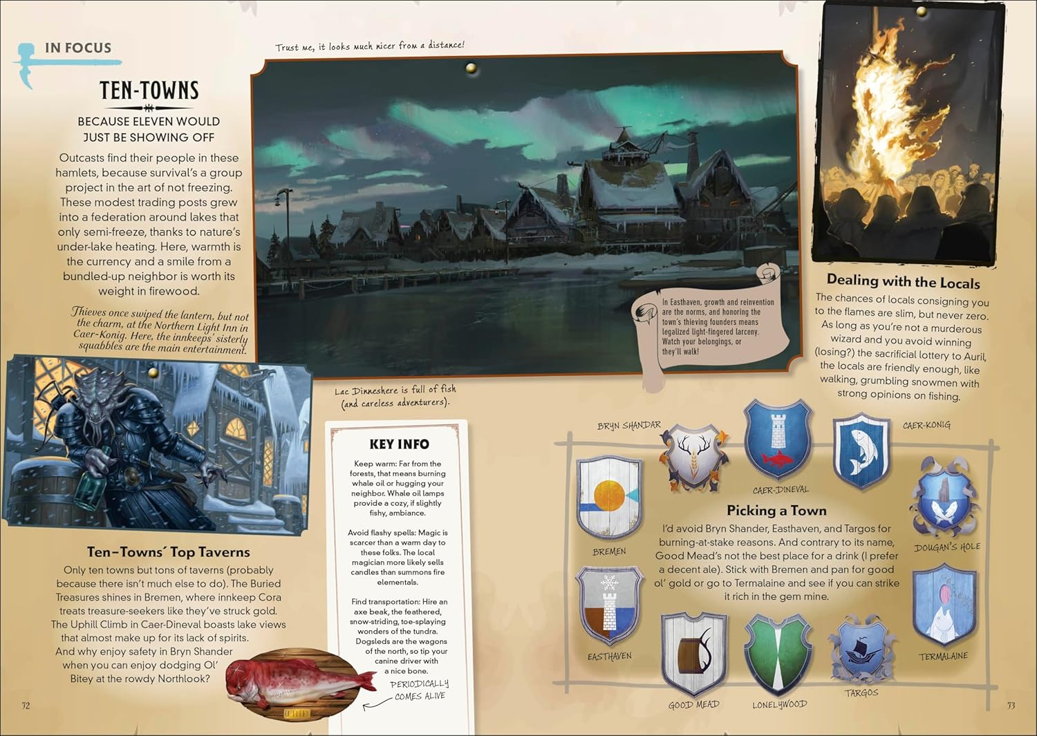 Dungeons & Dragons: How Not to Get Eaten by Owlbears - Open fantasy-themed game book spread with colorful illustrations showing a village by water, mystical glowing symbols, and.