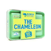 The Chameleon Travel Tin - Metallic green rectangular tin with blue and yellow label reading The Chameleon Travel Pack party game.