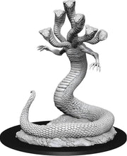 D&D Nolzur's Marvelous Minis: Yuan-Ti Anathema - Unpainted gray plastic miniature of a coiled serpent humanoid with five cobra heads on a round base.