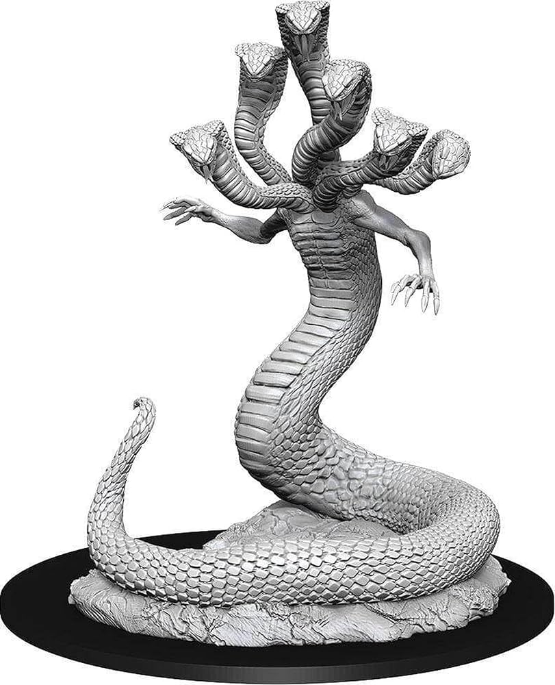 D&D Nolzur's Marvelous Minis: Yuan-Ti Anathema - Unpainted gray plastic miniature of a coiled serpent humanoid with five cobra heads on a round base.