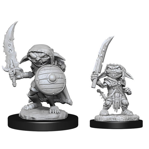 Pathfinder Battles Deep Cuts: Goblin Fighter Male - Two gray plastic goblin warrior miniatures, one larger holding a round shield and curved sword, the other smaller with.