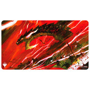 MTG Playmat - Tarkir: Dragonstorm - Ruinous Ultimatum - Rectangular playmat featuring a fierce dragon with glowing eyes amidst red and orange fiery streaks and lightning bolts.