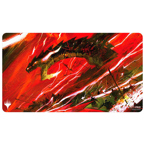 MTG Playmat - Tarkir: Dragonstorm - Ruinous Ultimatum - Rectangular playmat featuring a fierce dragon with glowing eyes amidst red and orange fiery streaks and lightning bolts.