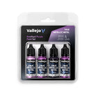 Vallejo True Metallic Metal Set: Amethyst Purple (4 Color Set), 18 ml. - Set of four 18ml Vallejo True Metallic Amethyst Purple paint bottles with black caps in clear plastic packaging.
