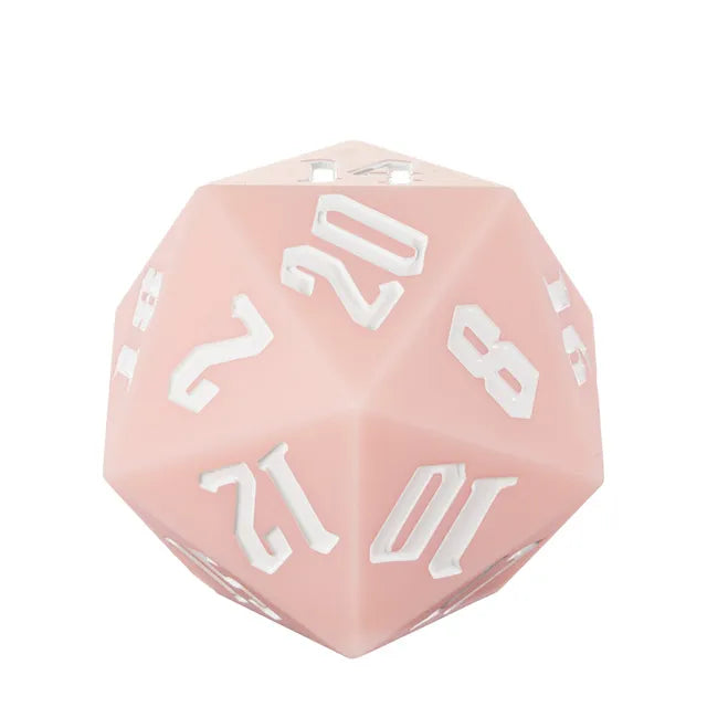 Giant Bouncy D20 - Pink - Large pink 20-sided bouncy dice with white numbers and a smooth matte finish.