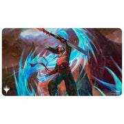 MTG Playmat - Tarkir: Dragonstorm - Sarkhan, Dragon Ascendant - MTG playmat featuring Sarkhan, Dragon Ascendant wielding a glowing spear with swirling blue dragon energy on a dark fantasy.