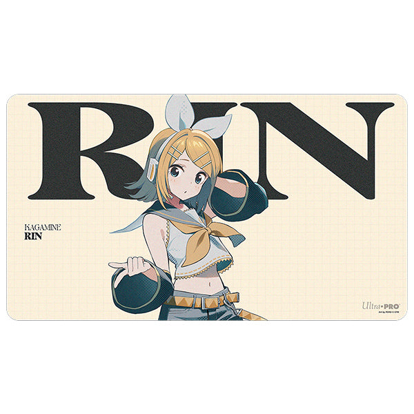 Ultra Pro Playmat: Hatsune Miku Retro Soundscapes - Rin (PREORDER) - Rectangular beige playmat featuring anime character Rin with blonde hair and a large bow, holding black spheres, bold black.