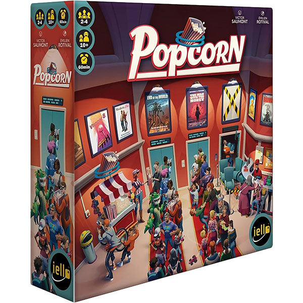 Popcorn - Colorful board game box featuring cartoon theater scene with characters and movie posters, titled Popcorn.