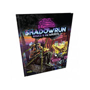 Shadowrun: Risks & Rewards - Risks & Rewards RPG book with neon cityscape cover, featuring futuristic characters and glowing purple and yellow accents.