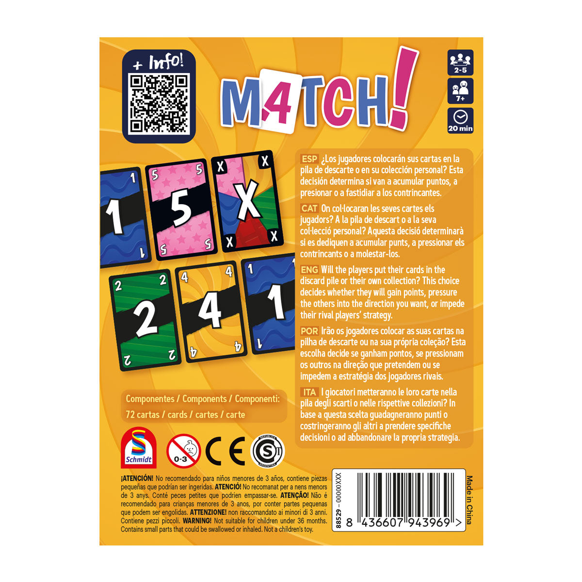 Match - Card game box with bright orange background and colorful number and letter cards featuring black, pink, yellow, and blue.