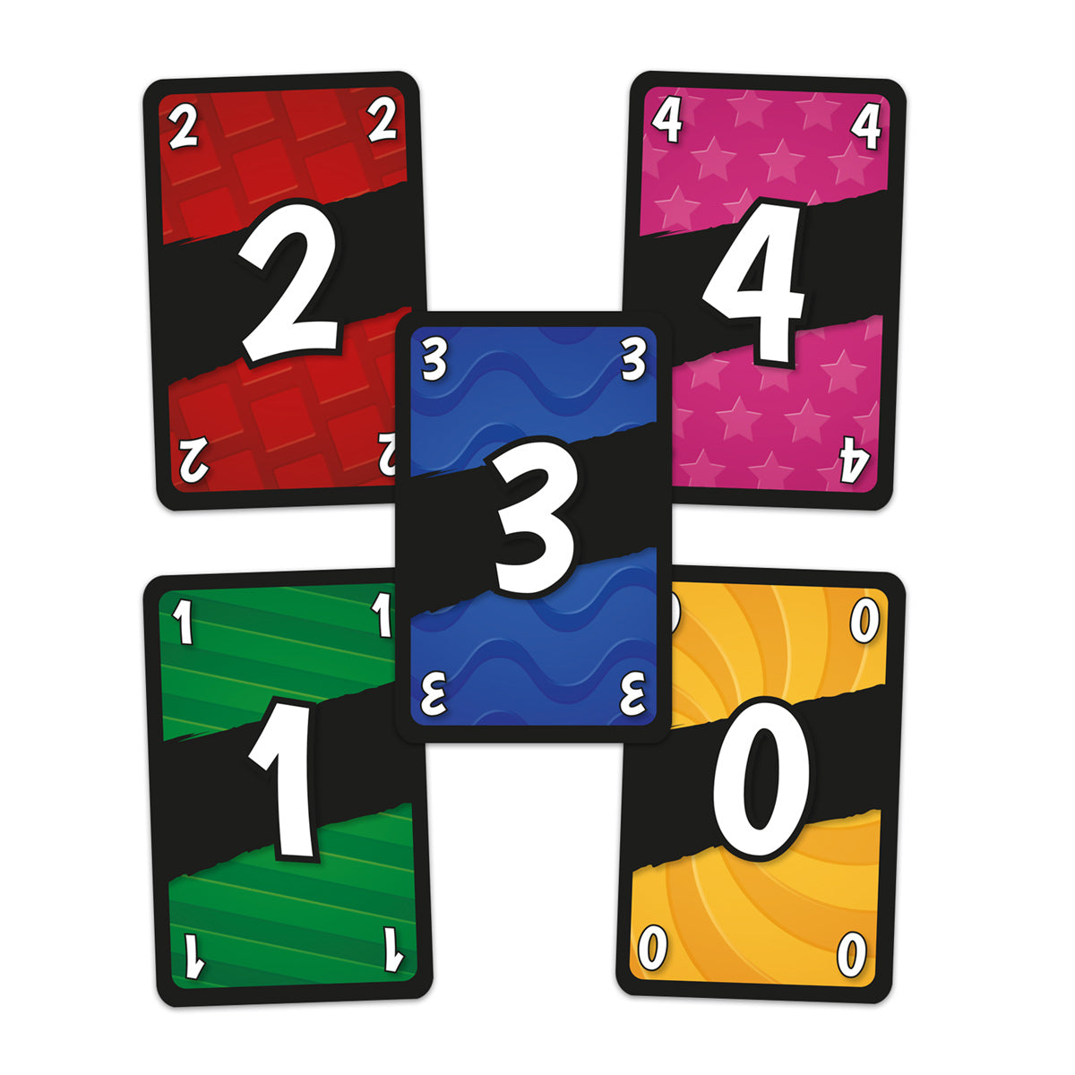Match - Colorful rectangular cards with numbers 0 to 4 in bold white, each featuring distinct backgrounds in yellow, green, blue,.