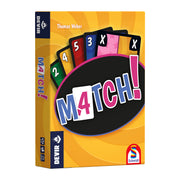 Match - Yellow card game box with colorful cards fanned out showing numbers and Xs, titled "M4TCH!".
