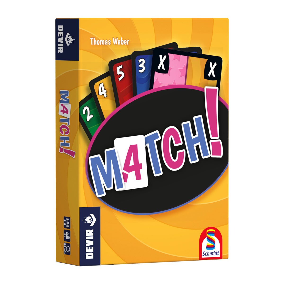 Match - Yellow card game box with colorful cards fanned out showing numbers and Xs, titled "M4TCH!".
