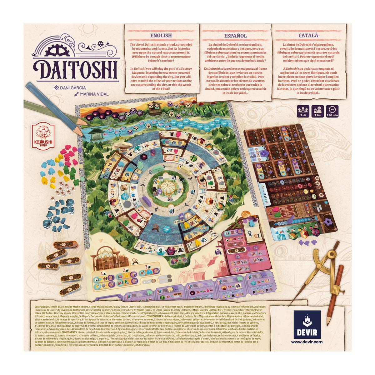 Daitoshi - Circular board game with colorful segmented path, wooden tokens, cards, and illustrated player boards for strategy play.