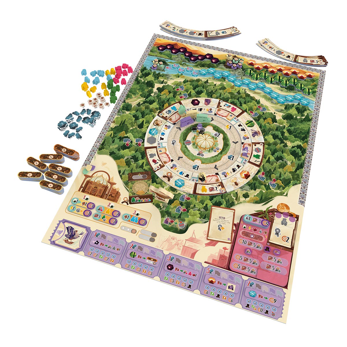 Daitoshi - Colorful circular strategy board game layout with tokens, cards, and a nature-themed map background.