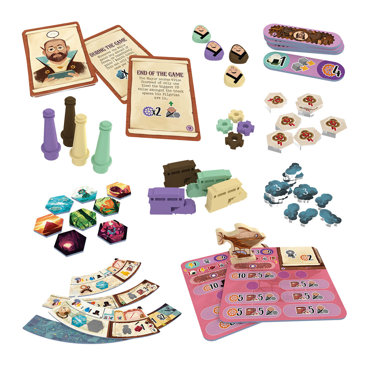 Daitoshi - Colorful strategy game components including player boards, cards, wooden and cardboard tokens, and various shaped game.
