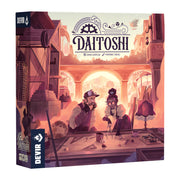 Daitoshi - Daitoshi board game box with steampunk cityscape and two characters strategizing over a game board under warm sepia tones.