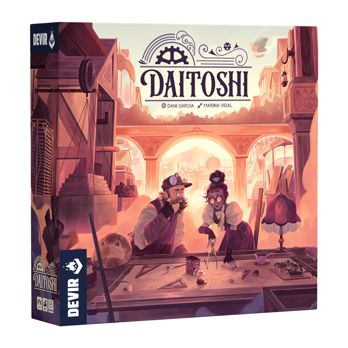 Daitoshi - Daitoshi board game box with steampunk cityscape and two characters strategizing over a game board under warm sepia tones.