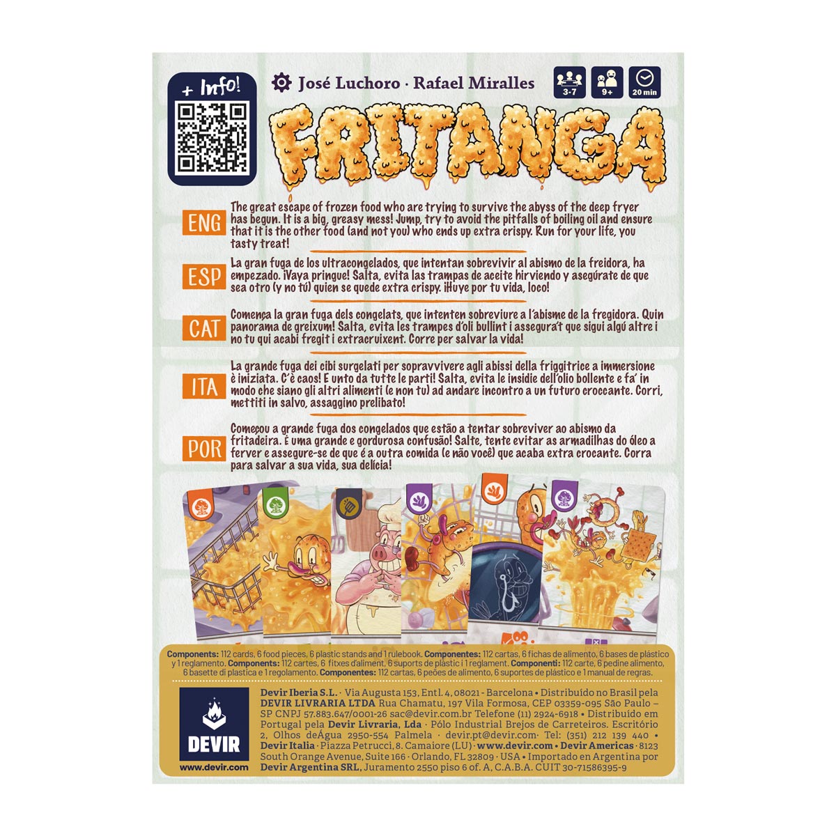 Fritanga - Fritanga card game box back with colorful cartoon illustrations and detailed gameplay instructions on white background.