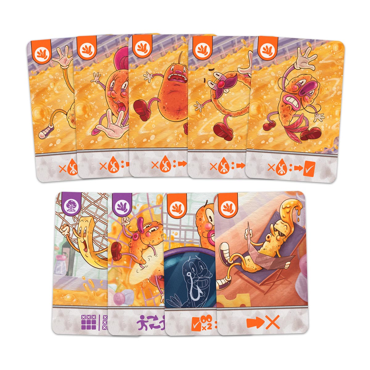 Fritanga - Colorful playing cards featuring animated food characters with expressive faces and various animated actions on an orange.