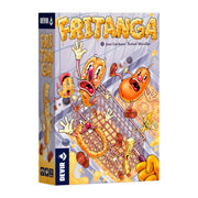 Fritanga - Colorful card game box featuring animated cooked meats escaping a grill, with playful cartoon style and bold yellow title.