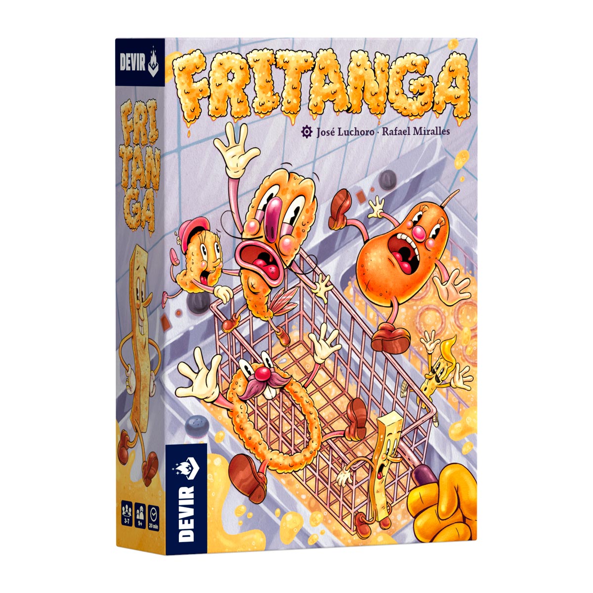 Fritanga - Colorful card game box featuring animated cooked meats escaping a grill, with playful cartoon style and bold yellow title.