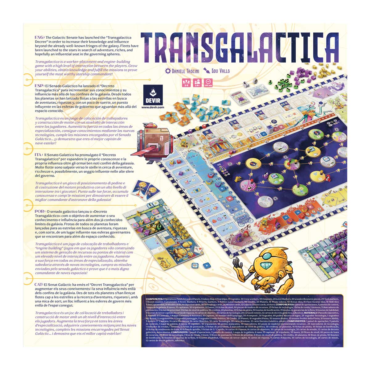 Transgalactica - Board game set featuring a colorful space-themed game board with planets and routes, player cards, tokens, and dice.