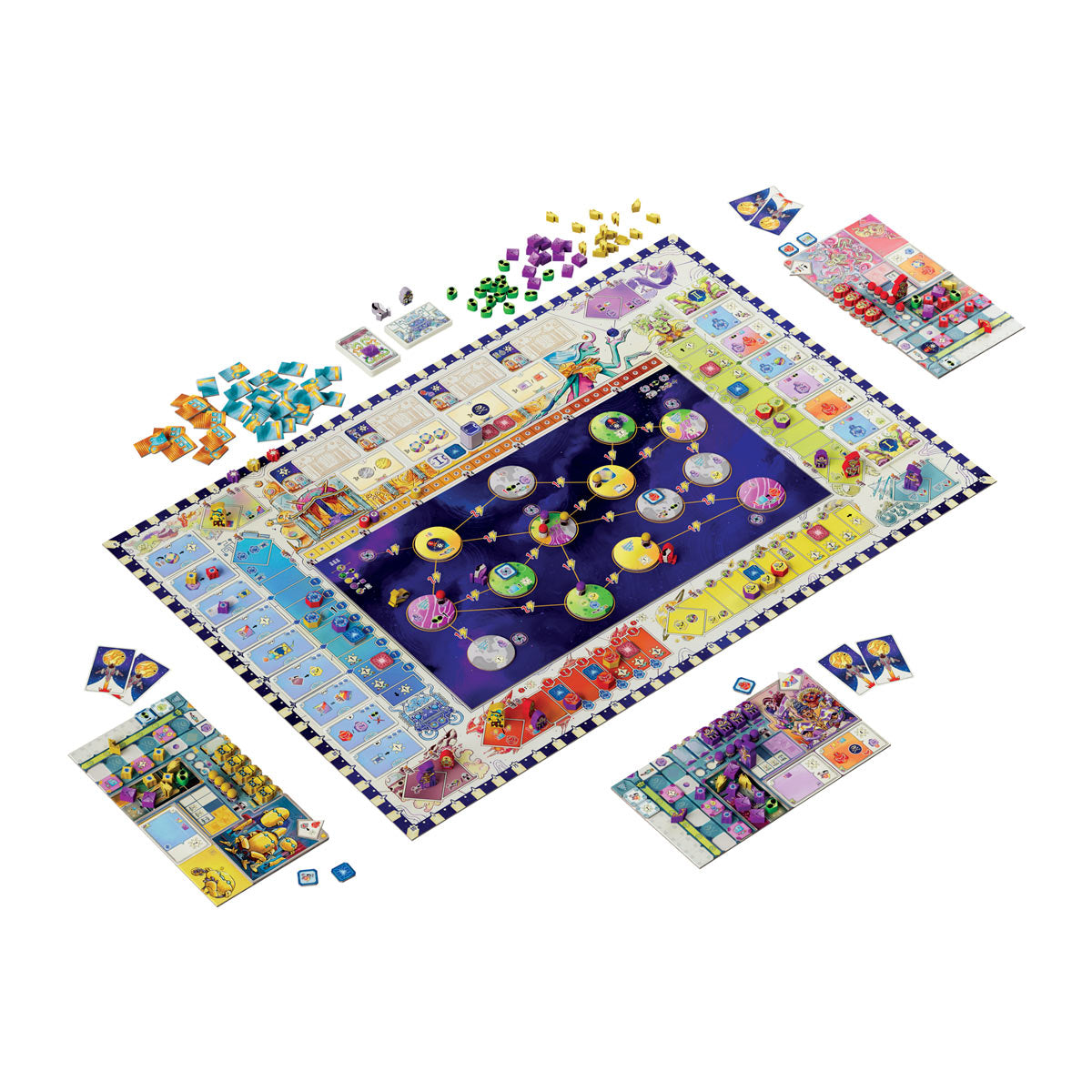 Transgalactica - Colorful space-themed strategy board game with galaxy map, player boards, dice, and various tokens.