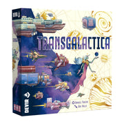 Transgalactica - Transgalactica board game box with colorful futuristic spaceships and planets on a cosmic map background, featuring bold.
