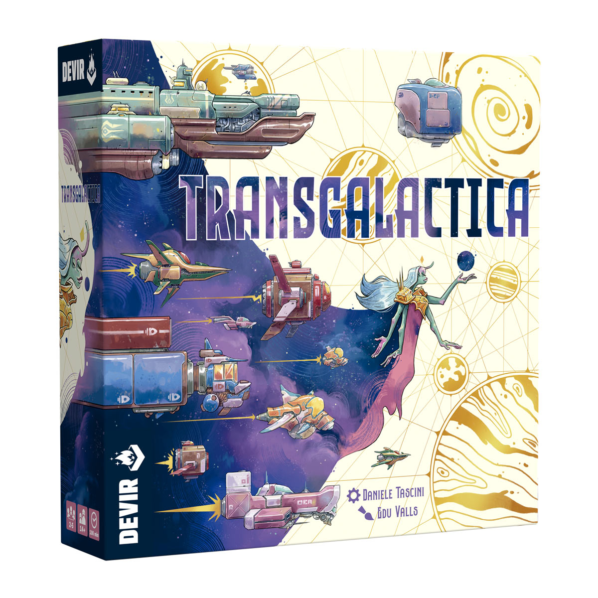 Transgalactica - Transgalactica board game box with colorful futuristic spaceships and planets on a cosmic map background, featuring bold.
