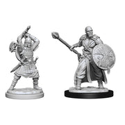 D&D: Nolzur's Marvelous Minis: Human Barbarian Male - Unpainted plastic human barbarian miniatures in battle stances, one with raised axe and shield, the other with mace and.