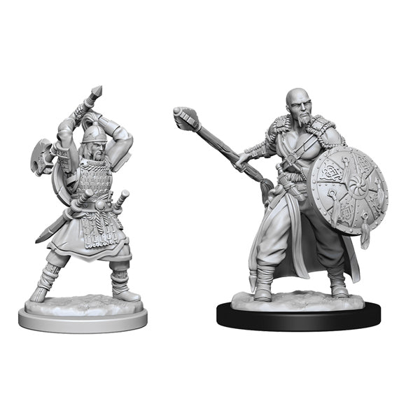 D&D: Nolzur's Marvelous Minis: Human Barbarian Male - Unpainted plastic human barbarian miniatures in battle stances, one with raised axe and shield, the other with mace and.