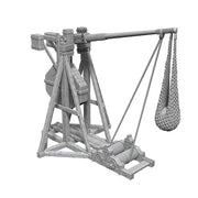 WizKids Deep Cuts Miniatures: Trebuchet - Gray plastic miniature of a medieval trebuchet with a long throwing arm, counterweight, and detailed wooden frame.