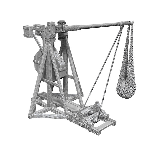 WizKids Deep Cuts Miniatures: Trebuchet - Gray plastic miniature of a medieval trebuchet with a long throwing arm, counterweight, and detailed wooden frame.