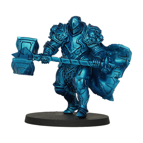 Vallejo True Metallic Metal Shade: Hydra Turquoise (18ml) - Metallic turquoise-painted knight figurine holding a large hammer and shield, standing on a round base.
