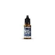 Vallejo True Metallic Metal Base: Arcane Gold (18ml) - 18ml bottle of Vallejo True Metallic metal base paint in Arcane Gold with black dropper cap and blue label.