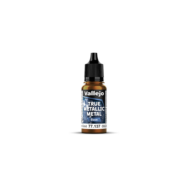 Vallejo True Metallic Metal Base: Arcane Gold (18ml) - 18ml bottle of Vallejo True Metallic metal base paint in Arcane Gold with black dropper cap and blue label.