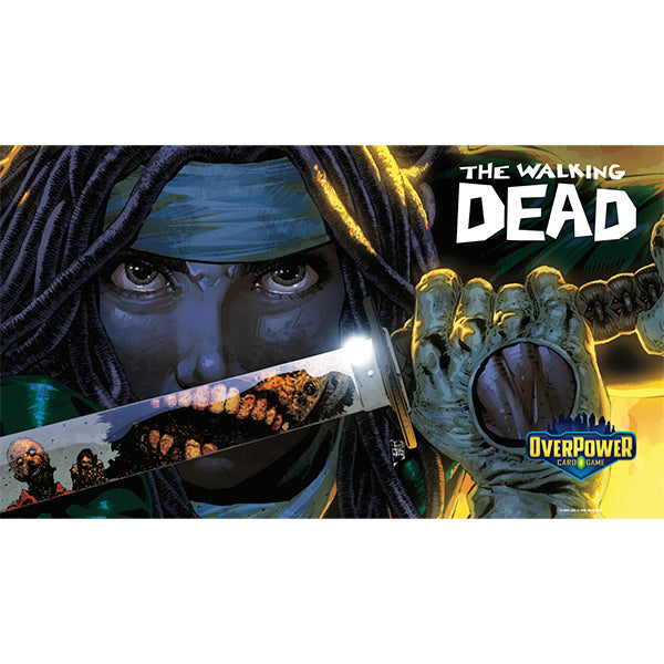 OverPower CCG Premium Playmat: The Walking Dead - Michonne (PREORDER) - Dark illustrated playmat featuring close-up of Michonne holding a katana with The Walking Dead logo.
