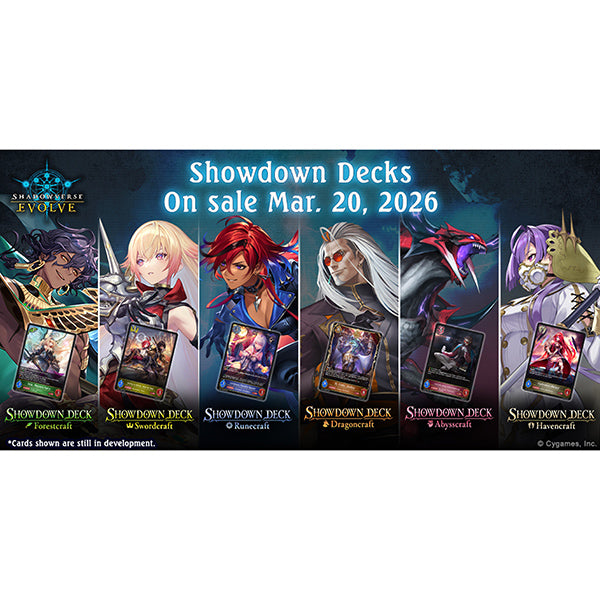 Shadowverse Evolve: Showdown Deck - Swordcraft (PREORDER) - Set of six Shadowverse Evolve Showdown Deck boxes, each featuring distinct fantasy character artwork with vibrant colors on.