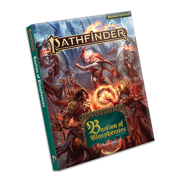 Pathfinder 2E: Bastion of Blasphemies (PREORDER) - Pathfinder RPG book titled Bastion of Blasphemies with dark fantasy cover art featuring armored warriors and fiery magic on.