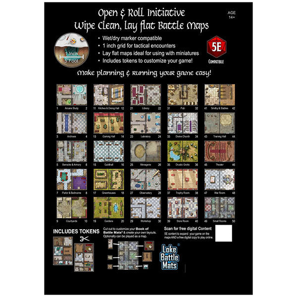 Big Book of Battle Mats - Bastions & Strongholds - Black game mat book cover featuring colorful grid battle maps with various terrain and structure designs for tabletop RPGs,.