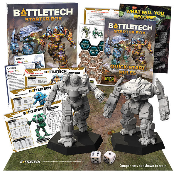 BattleTech: Starter Box (PREORDER) - BattleTech Starter Box with two detailed gray plastic mech miniatures, rulebooks, cards, hex map, and two six-sided dice on.