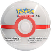 Pokemon 2024 Poke Ball Tin - Premier Ball - Round white and red Premier Ball-themed metal tin featuring Pokémon Trading Card Game logo and age recommendation on top.