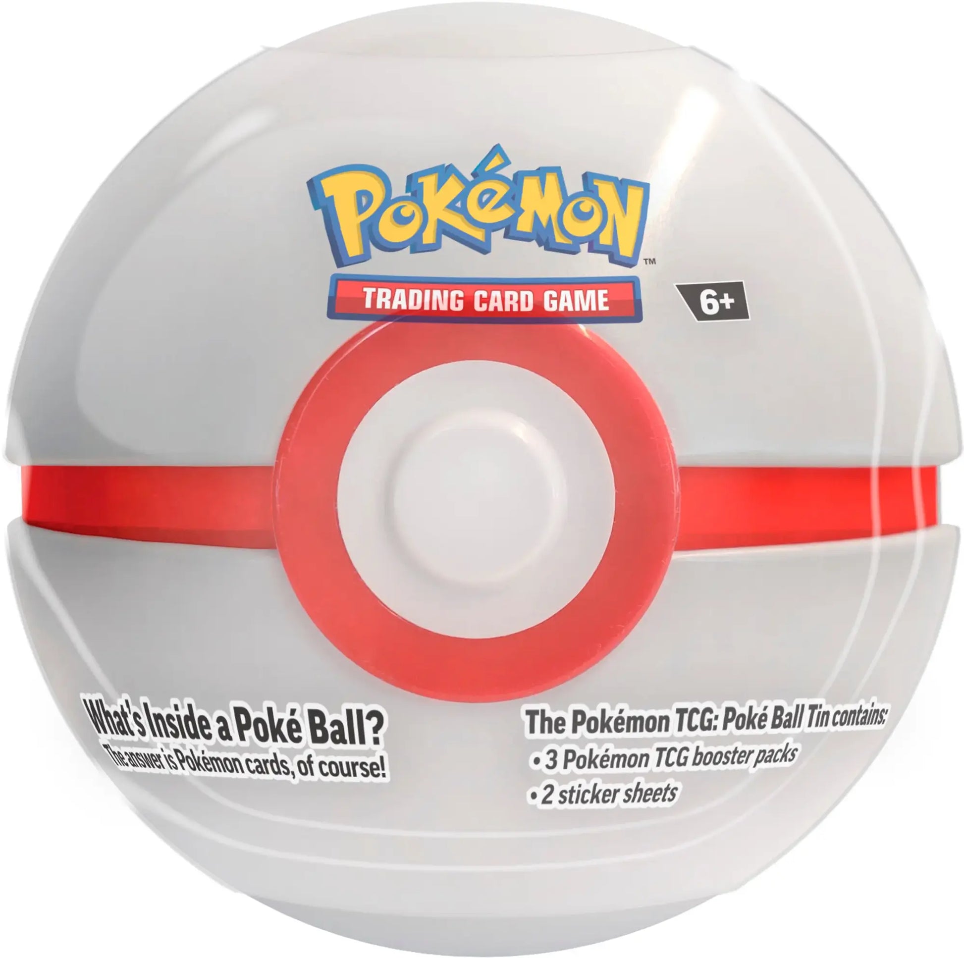 Pokemon 2024 Poke Ball Tin - Premier Ball - Round white and red Premier Ball-themed metal tin featuring Pokémon Trading Card Game logo and age recommendation on top.