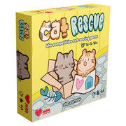 Cat Rescue: 2nd Edition - Yellow box for Cat Rescue 2nd Edition board game featuring cartoon cats in cardboard boxes with fishbone and heart icons.
