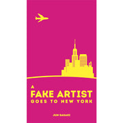 A Fake Artist Goes to New York (PREORDER) - Bright pink card with bold yellow silhouette of a city skyline and airplane, bold yellow text reading "A Fake Artist Goes to