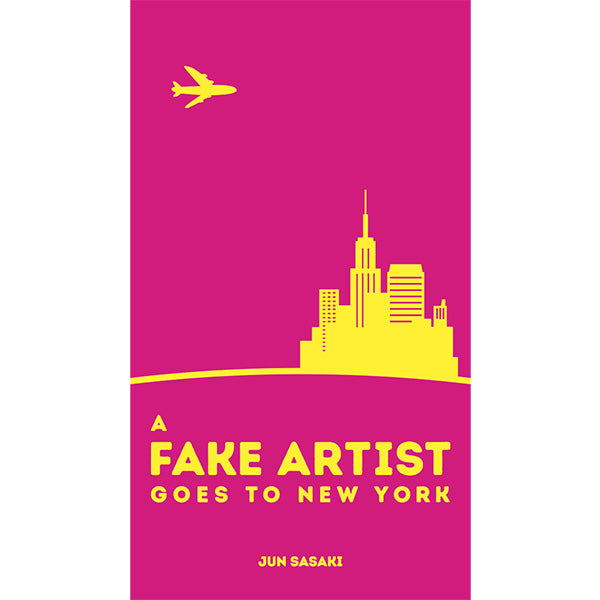 A Fake Artist Goes to New York (PREORDER) - Bright pink card with bold yellow silhouette of a city skyline and airplane, bold yellow text reading "A Fake Artist Goes to
